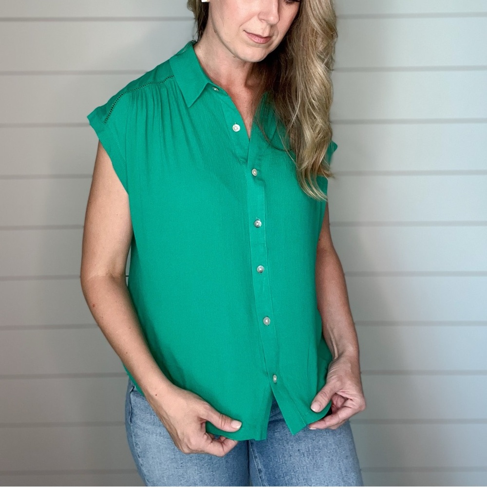 Green Button Front Lace Ladder Blouse